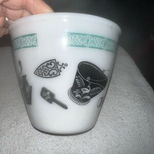 White Glass bowl with Black and Teal Kitchen Motif